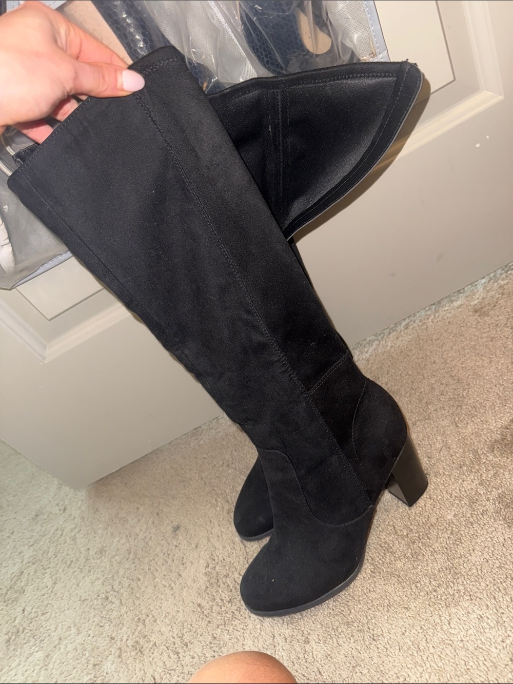 Black Knee-High Suede Block Heel Boots